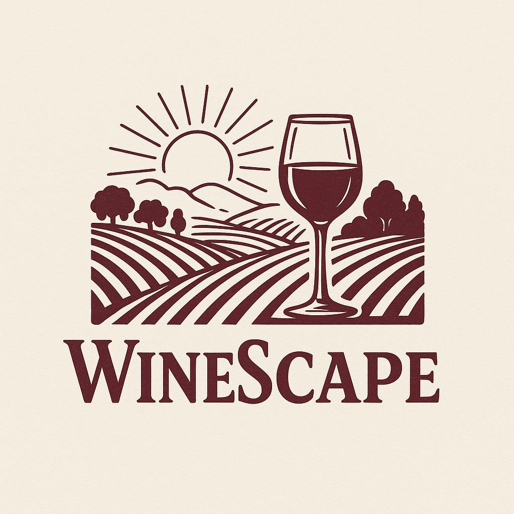 Logo WineScape com vinhedo, sol e taça de vinho